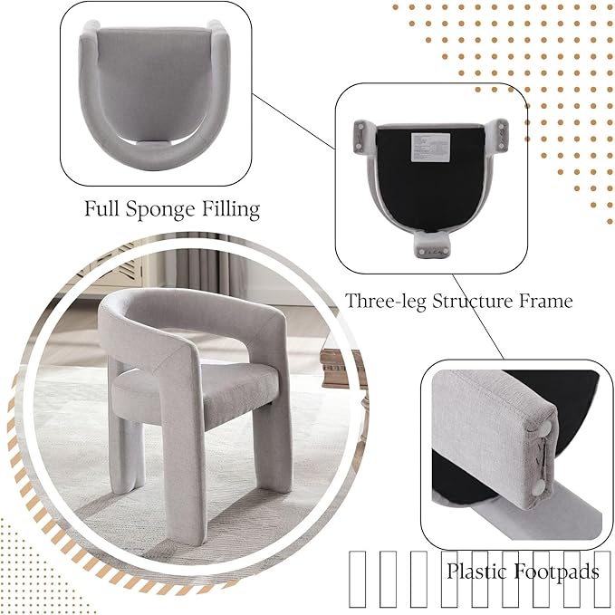 Grey Chenille Dining Chairs Set of 2, Modern Barrel Dining Room Chairs Upholstered Faux Fur Accent Chair with Arms and Round Back for Living Room Kitchen Armchair No Assembly Needed