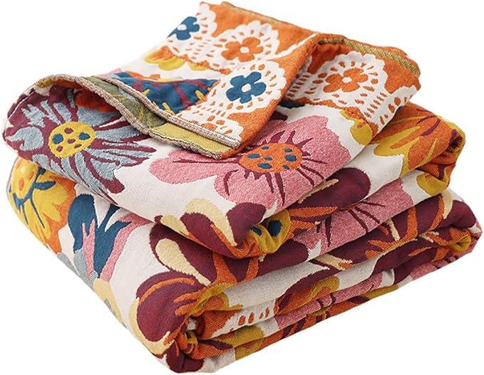Boho Muslin Blanket for Adults 4-Layer Gauze Twin Size Soft Cozy 100% Cotton Summer Cooling Blanket Floral Decor for Sofa Bed Coverlet Both Sides (Daisy Floral, Twin 60 x 80 in)
