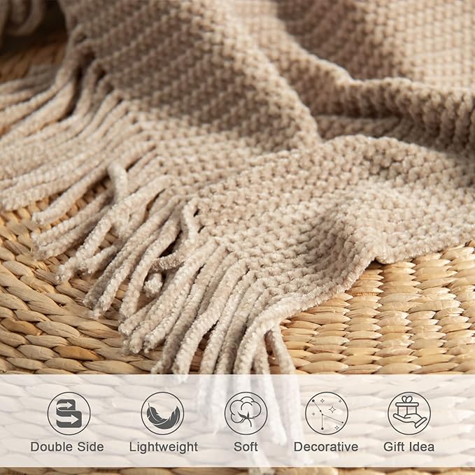 lifein Throw Blanket for Couch, Soft Boho Decor Bed Throw,Cozy Beige Knitted Chenille Small Farmhouse Lightweight Throw for Spring(Beige,50 * 60")