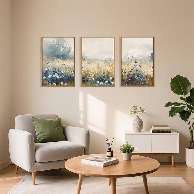Celestdeco Nature Wildflower Framed Canvas Wall Art Set, Pastoral Landscape Wall Decor, Colorful Meadow Wall Painting, Rustic Floral Art Print for Living Room, Bedroom, Office - 24"X36"X3