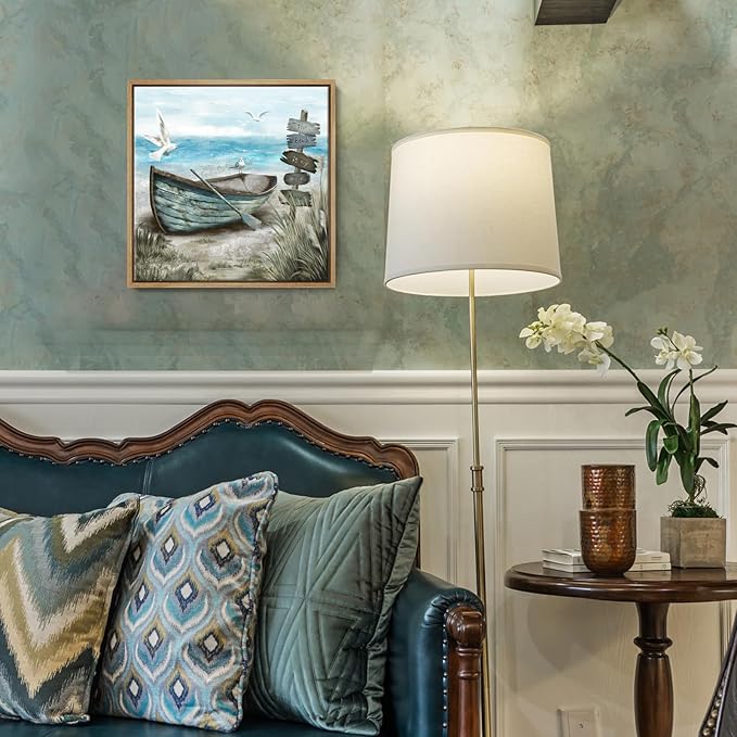 Framed Wall Art Beach Décor Ocean Canvas Picture Coastal Artwork Sea Bird Boat Blue Tan Small Rustic Beachy Canvas Print for Bathroom Bedroom Living Room