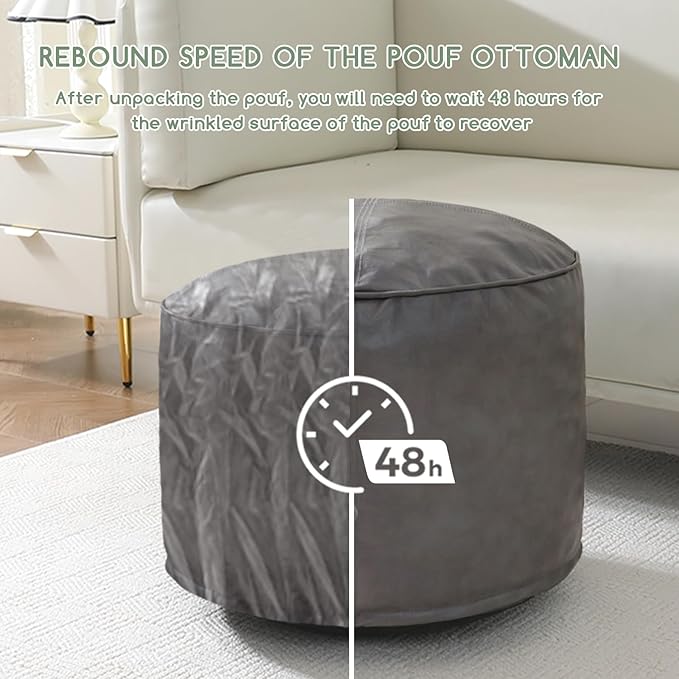 HIGOGOGO Round Stuffed Pouf Ottoman, Pu Leather Poufs with Foam Chunk Filling, Furry and Fluffy Pouf Foot Stool Storage Ottoman, 20 X 15 Floor Poufs Foot Rest for Living Room, Grey