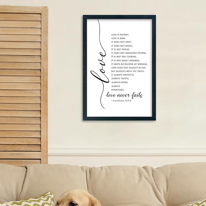 LuZhiQiang Love Is Patient Kind Wall Art 16"×11" Love Never Fails Sign 1 Corinthians 13 Bible Verse Wood Framed Wall Hanging Decor (Black)