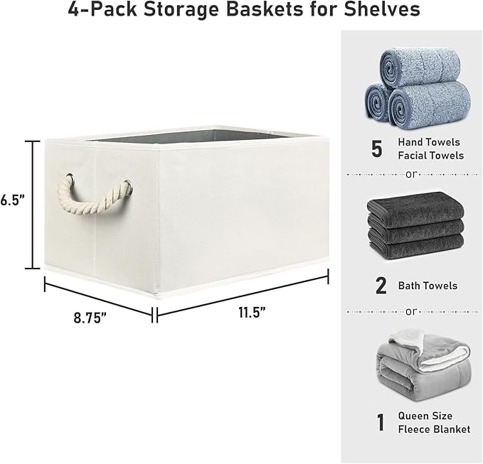 Closet Storage Bins, Linen Closet Organizers and Storage Basket for Shelves, Collapsible Shelf Baskets for Organizing Shelves, Bedroom Clothes Basket, Beige, 3 Pack