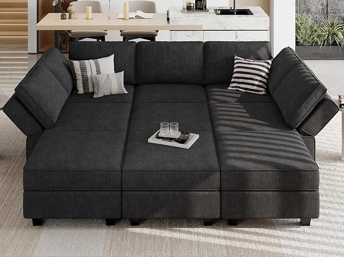 Belffin Modular Sectional Sleeper Sofa Couch with Storage Ottoman Convertible Sectional Couches for Living Room Terry Reversible Chaise. Black Sofa