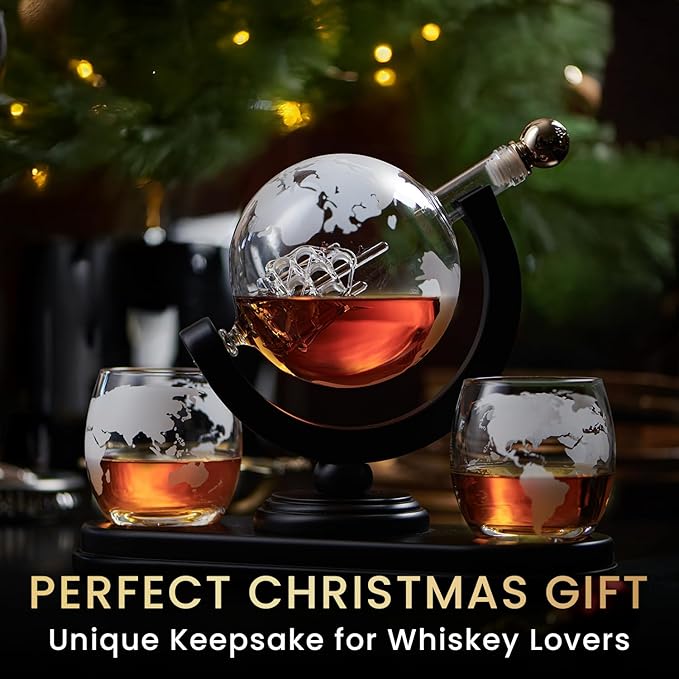 Globe Whiskey Decanter Gift Set by Royal Reserve | Etched World Map Globe Decanter 29 oz 850 ml with Glasses for Bourbon, Liquor – Whiskey Gifts for Men Dad Boyfriend Husband