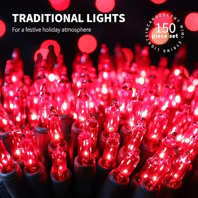 150LIGHTS RED Extra-Bright with End Connectors Christmas Decorative Lights 9.72m UL Certified Mini String Light Set Waterproof for Home Garden Holiday Christmas Tree Party Patio Decor Wedding