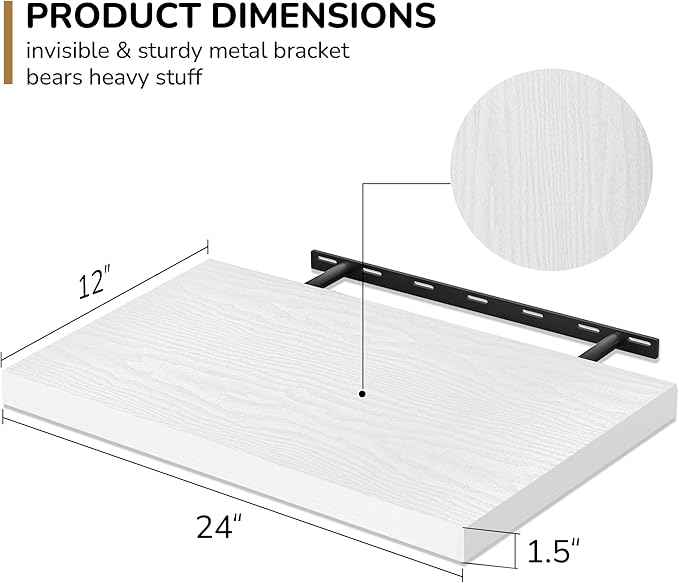 Fun Memories Floating Shelves - 2 Pack 12 Inch Deep Rustic Wooden Wall Shelves - Extra Deeper & Thicker Wall Mounted Storage Shelf for Living Room, Kitchen, Farmhouse - 24" W x 12" D x 1.5" H - White