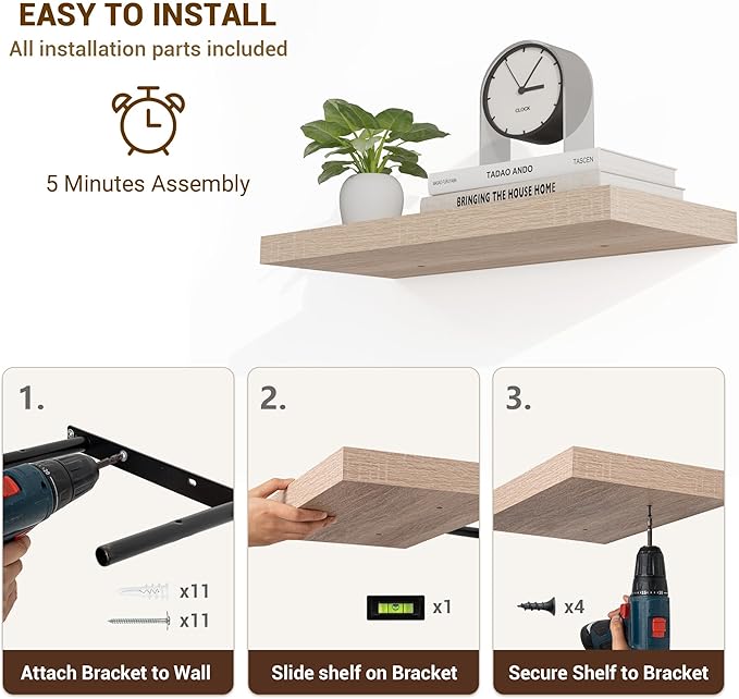 36 Inch Floating Shelves, 3D Textured Wood Grain, 36"x9.25"x1.5" Inch Deep Floating Shelves for Wall, Wooden Shelves for Bathroom, Bedroom, Living Room, Vintage White Oak