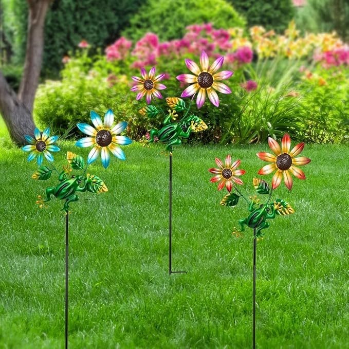 3 Pack Frog＆Flowers Garden Stakes Decor,Metal Yard Art Decorative Garden Stakes,Metal Flowers Spring Outdoor Decor for Mom,Women,Grandma