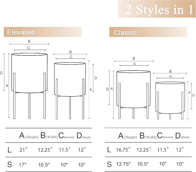 ARNIS Modern Planter Pots, Set of 2 Large Planters with Stand, Decorative Planters, Metal Pots with Drainage Holes for Living Room, Office, Garden or Balcony, 10.5 &12.25 Inch, Matte White
