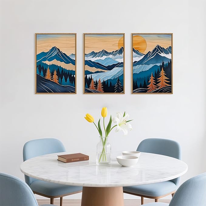 Blue Woodcut Mountain Framed Canvas Wall Art Set, Boho Abstract Ridge Wall Decor, Pine Tree Landscape Wall Painting, Sunrise Forest Art Print for Living Room, Bedroom, Office - 16"X24"X3