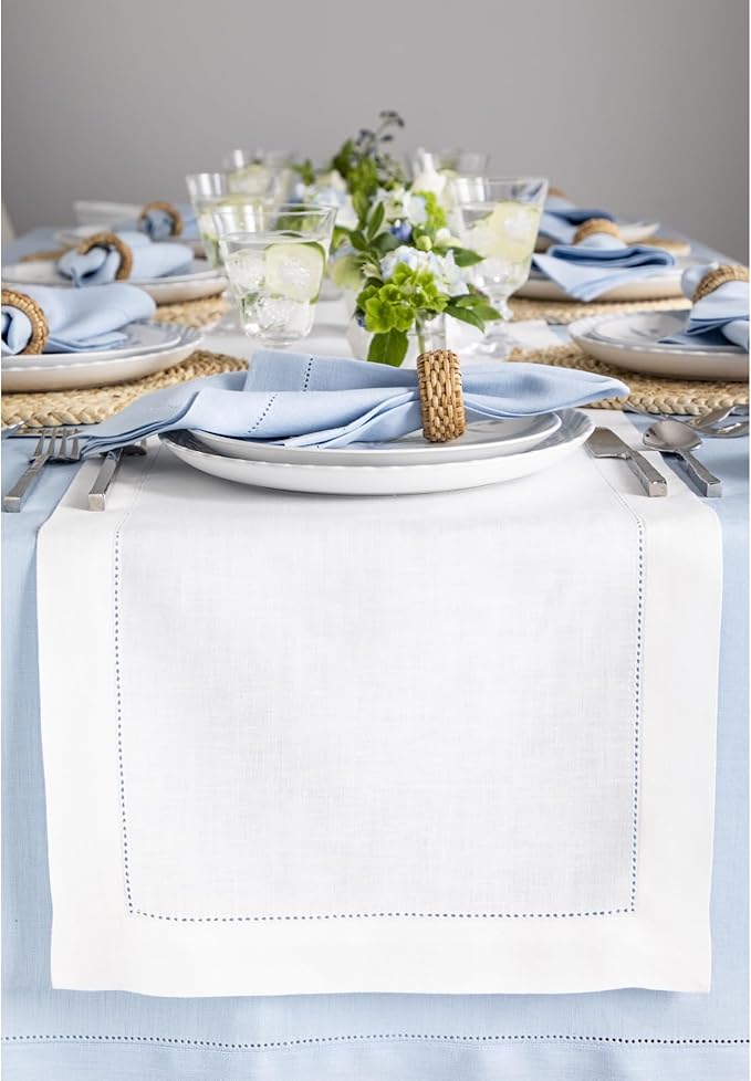 Solino Home Linen White Table Runner 156 Inches Long - 100% Pure Linen Extra Long Table Runner 14 x 156 Inch for Fall, Autumn, Halloween, Thanksgiving - Classic Hemstitch
