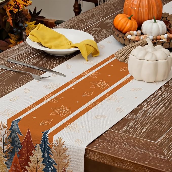 GEEORY Fall Watercolor Tree & Maple Leaves Striped Table Runner 13x36 Inch, Rustic Farmhouse Autumn Thanksgiving Decor for Kitchen, Dining, Indoor/Outdoor Holiday Dinner Party Orange GT157-36