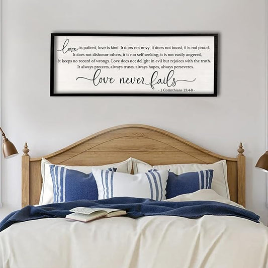 flowtorely Love is Patient, Kind Wall Art Decor 40"X15" Love Never Fails Sign 1 Corinthians 13 Bedroom Above Bed Large Bible Verse Quote Scripture Christianity Hanging Sign (Black)