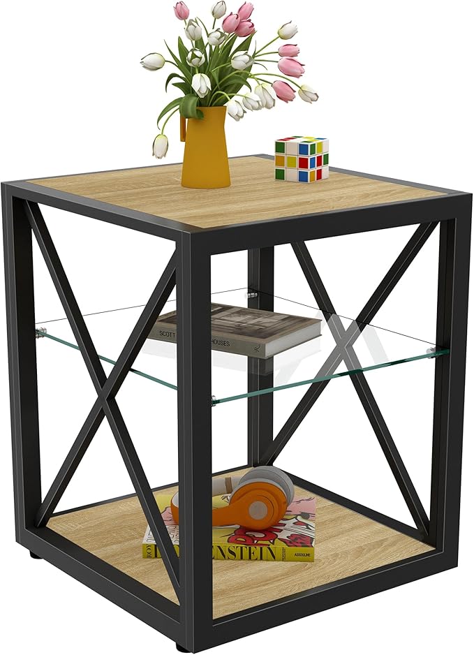 Farmhouse End Table, Modern Side Table with 3-Tier Storage Shelf, Square Rustic Nightstand, Accent Tea Table, for Bedroom Office Living Room, Brown, Natural Wood, Glass, Metal