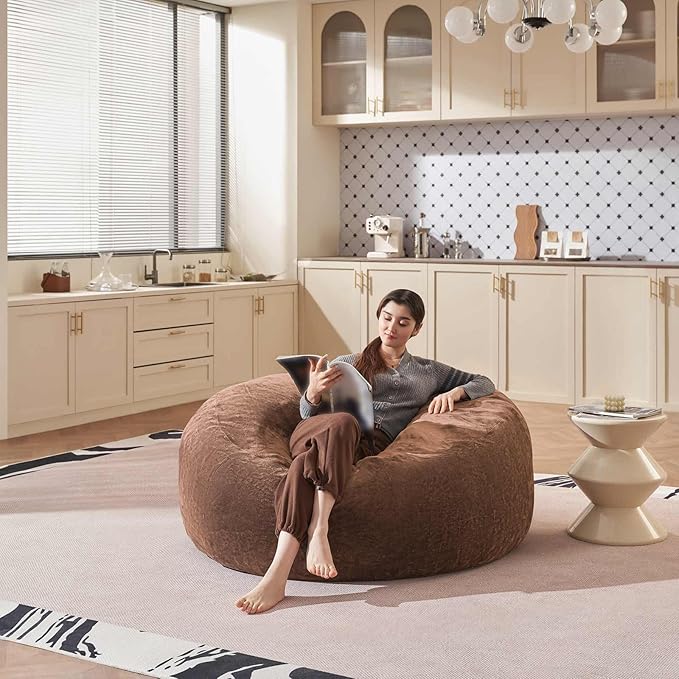 Bean Bag Chair 4Ft, Memory Foam Filled, Large Beanbag Chairs for Adults and Teens, Soft Sofa with Removable Flannel Cover, Round Couch for Living Room Bedroom College Dorm (Coffee, 4FT-47×47"×24")