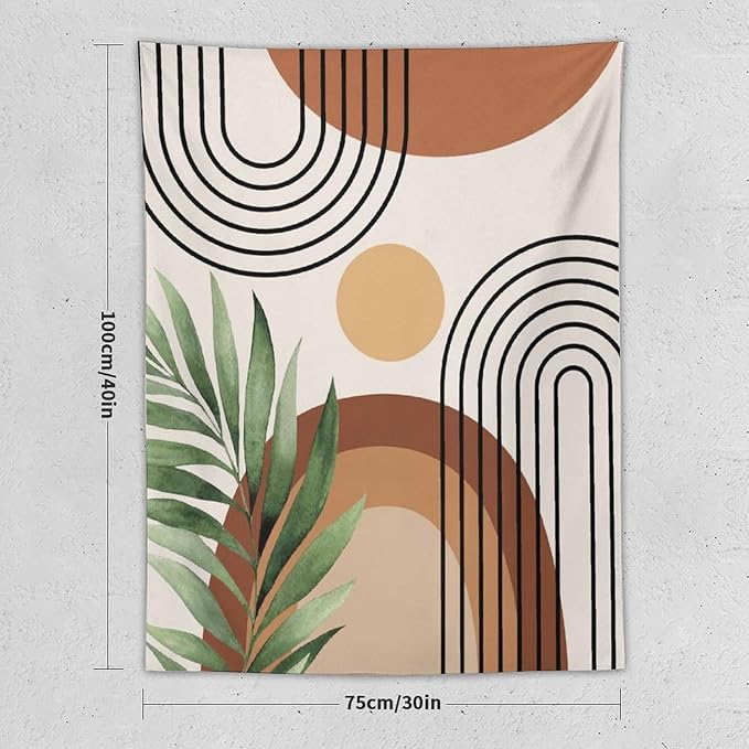 Abstract Bohemian Mid Century Tapestry, Tropical Leaves Modern Geometric Archway Minimalist Bohemian Botanical Aesthetic Wall Hanging, Sage Green Gold Home Decor Art for Bedroom 30x40 Inch