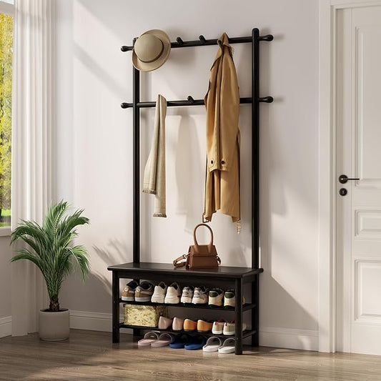Coat Rack with Shoe Storage, Wooden Hall Tree with Bench, 11 Hooks and 2-Tier Storage Shelves, 3-in-1, Entryway Bench with Coat Rack (31.5"-Deep Black)