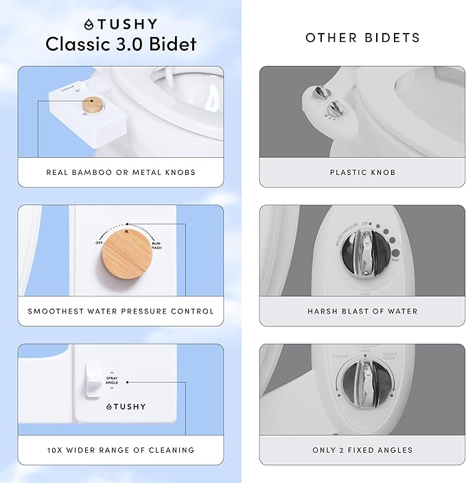 TUSHY Classic 3.0 Bidet Toilet Seat Attachment - A Non-Electric Self Cleaning Water Sprayer with Adjustable Water Pressure Nozzle, Angle Control & Easy Home Installation (Bamboo Knob)