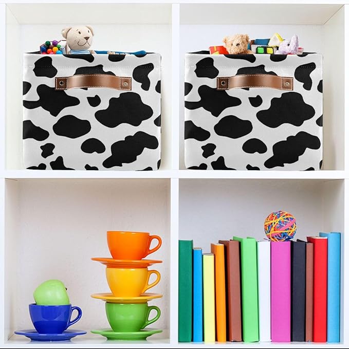 Black White Cow Skin Print Storage Basket Cube Storage Bins Organizer Bag Collapsible Closet Shelf Baskets with handle for Baby Cloth Pet Toy Book 14.2×10.2×8.3 IN