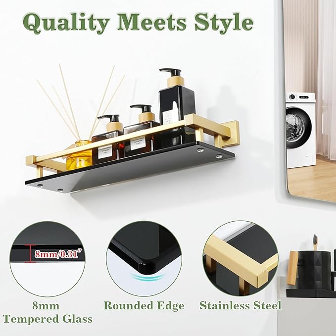 Alise Bathroom Glass Shelf with Stainless Steel Railing, Gold Small Tempered Glass Floating Wall Shelf Over The Toilet, 16 inch