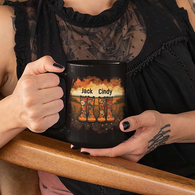Custom Couple Mug with Floral Boots Design, Personalized Name Coffee Mug 11oz 15oz, Fall Inspired Ceramic Coffee Cup, Custom Autumn Scene Black Cup, Gifts for Boyfriend, Girlfriend