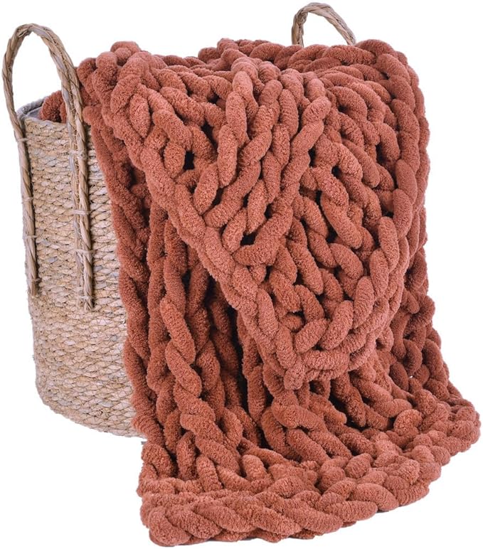 Esterra Chunky Knit Blanket Throw, 100% Handmade Chenille Throw Blanket 50"x60", Soft Thick Yarn Cable Knit Crochet Throw Blanket Rope Knot Throw for Couch Bed Sofa, Copper Brown