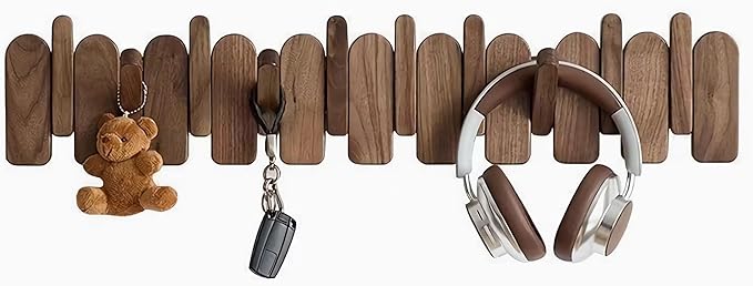 Wall Mounted Piano Key Hanger | Flip Style Hook | Entrance Wall Art Hook, Made of Oak Wood (3 Times Painted, 4 Times Polished) (Arc Walnut, 8Hooks)