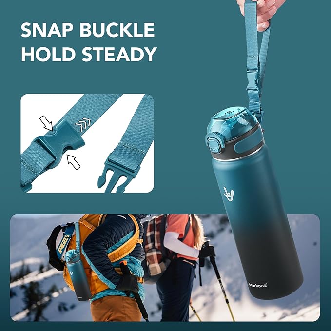 Enerbone 24 oz Insulated Water Bottle, Stainless Steel Bottle with Carrying Strap, Double-Wall Vacuum Insulation Design, Leakproof Sports Bottle with Straw, Keep Drinks Cold or Hot for Hours