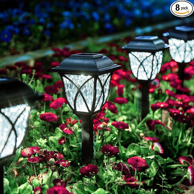 GIGALUMI Solar Lights Outdoor Waterproof, 8 Pack LED Solar Garden Lights, Outdoor Decorations, Garden Decor for Yard, Patio, Landscape, Planter, Walkway (Cold White)