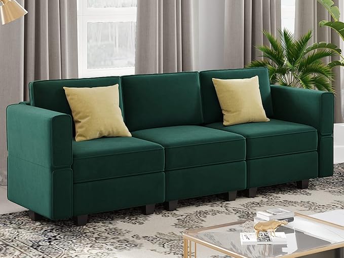 Belffin Modular Sofa Couch with Storage Seats Velvet 3 Seater Sofa for Living Room Green