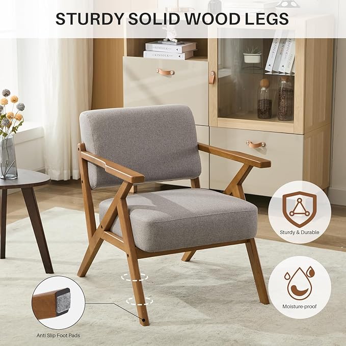 Ergonomic Mid-Century Modern Lounging Armchair | Solid Wood Frame & Plush Thickened Cushion | Versatile Seating for Living Room, Reading Nook & Balcony, Light Grey Linen