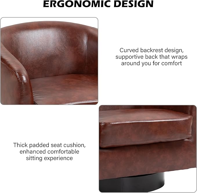 Swivel Barrel Accent Chair, Modern Round Faux Leather Arm Chair for Living Room, Bedroom, Comfy Club Reading Chairs for Adults(Faux Leather, Red Brown, Set of 4)