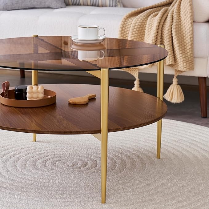 Round Coffee Table, Mid-Century Modern Design, D30 x H17, for Living Room, 2-Tier Structure, Amber Glass Top and Walnut MDF Shelf, Sleek Conical Metal Legs with Gold Finish