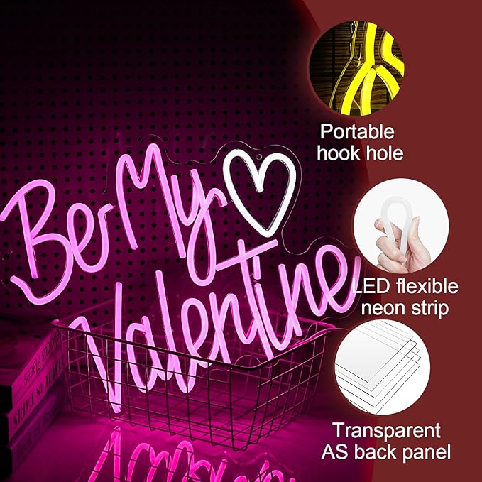 Be My Valentine Neon Sign Dimmable Pink LED Letters Light Up sign for Wall Decor USB Valentine Neon Light for Valentine's Day Lover Gift Bedroom Atmosphere Decor(12.6 * 16.5In)