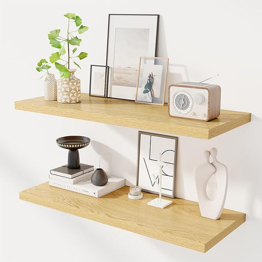 36" Floating Shelves for Wall, 12" Deep Slim Oak Floating Shelves, Wall-Mounted Shelves for Bedroom, Living Room, Kitchen, Bathroom - Set of 2
