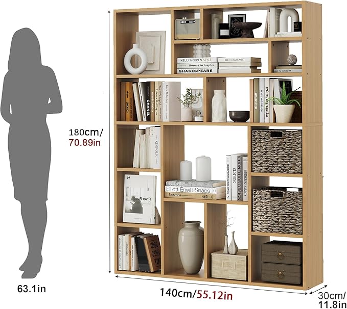 71" Tall 6-Tier Heavy Duty Bookcase with 2 Foldable Storage Baskets, 55" Wide Open Bookshelf with 16 Irregular Cubes for Living Room, Office （Yellow）