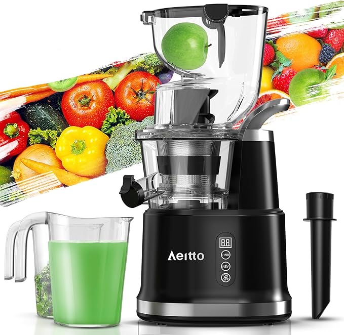 Aeitto Cold Press Juicer with Large Feed Chute, Large Capacity, Juicer Machines for Fruits and Vegetables, Slow Masticating Juicer Self Feeding, Easy to Clean, High Juice Yield
