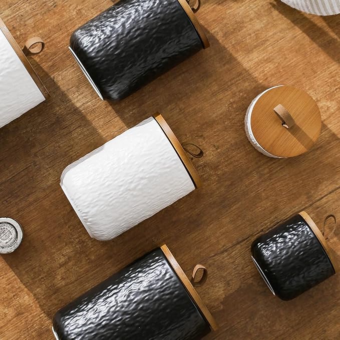 Black White Ceramic Coffee Canister Tea Canister with Seal Wood Lid, Airtight Coffee Storage Container for Coffee Bean, Ground Coffee, Sugar, Cookie Candy jar (White, 800ml)