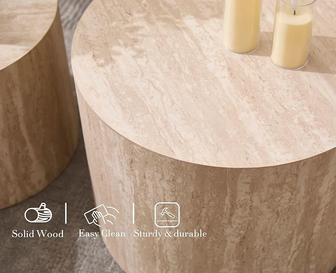 CIMOTA Round Wood Nesting Coffee Table Set of 2, Modern Circle Travertine End Side Table Sets for Living Room, Light Wooden Color/No Assembling
