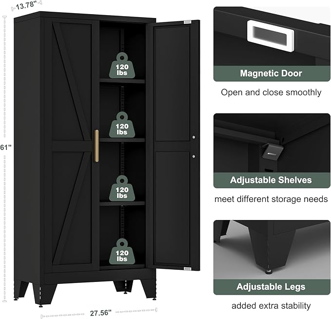 61" Tall Farmhouse Metal Pantry Cabinet, Kitchen Pantry Storage Cabinets with 2 Barn Door and Adjustable Shelves,Metal Pantry Storage Cabinet,for Kitchen,Laundry Room,Home Office,Kids Room (Black)