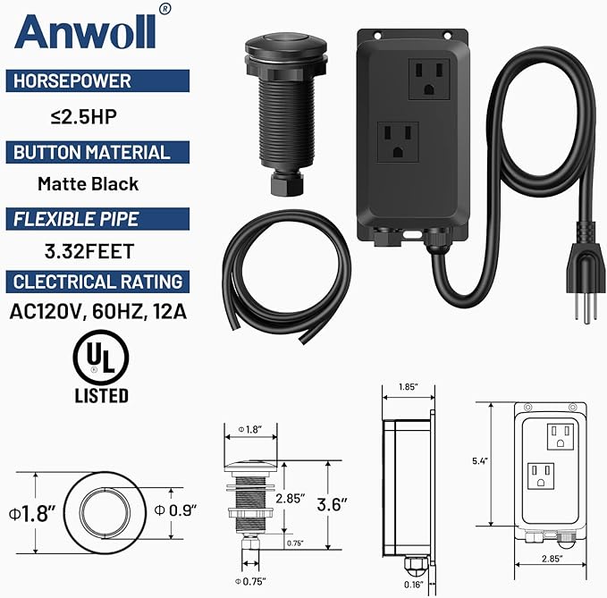 Garbage Disposal Air Switch Kit -Professional- Dual Outlet, Sink Top Waste Disposer On/Off, Garbage Disposal Button, Brass Made Cover, UL Listed