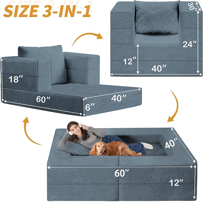 Folding Bean Bag Chair for Adults,3-in-1 Bean Bag Couch Faux Fur Floor Sofa Large Beanbag Convertible Bean Bag Sofa Bed with Pillow in Bedroom,Living Room,Apartment(Twin,Gray)