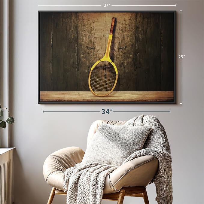 ElephantStock Vintage Tennis Racket Wall Art - Horizontal Framed Canvas - 1-Piece Living Room Wall Decor - Photography Sports Canvas Print - Brown and Black Decor for Wall - 37" X 25"