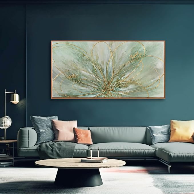 Framed Canvas Prints Gold Line Poster Abstract Wall Ar Green Pictures Wall Decor 29"x 58" Modern Artwork Large Wall Decorations for Living Room Home