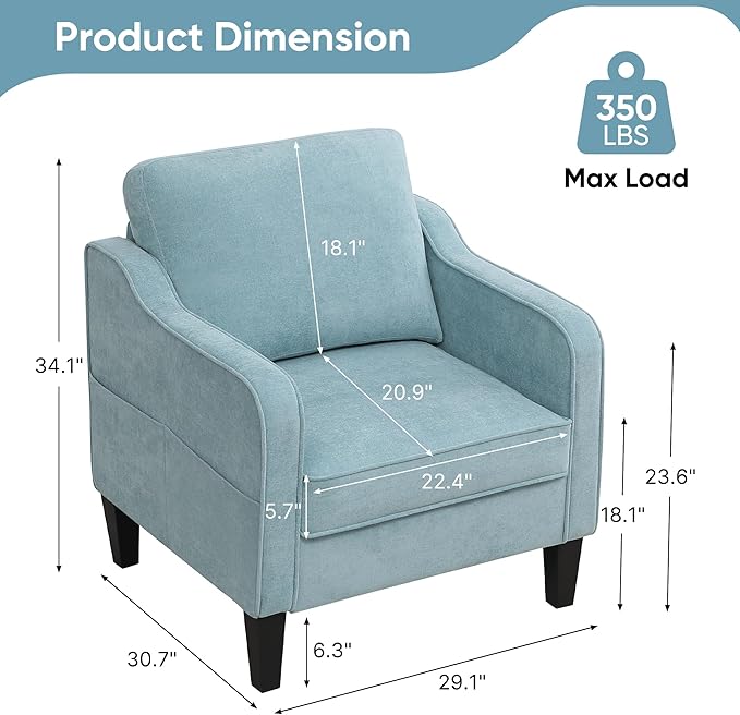 Accent Chair for Living Room, Mid Century Modern Reading Chair for Bedroom, Upholstered Armchair with Side Pockets, Comfy Single Sofa Side Chair for Office, Apartment, Small Room, Teal Green