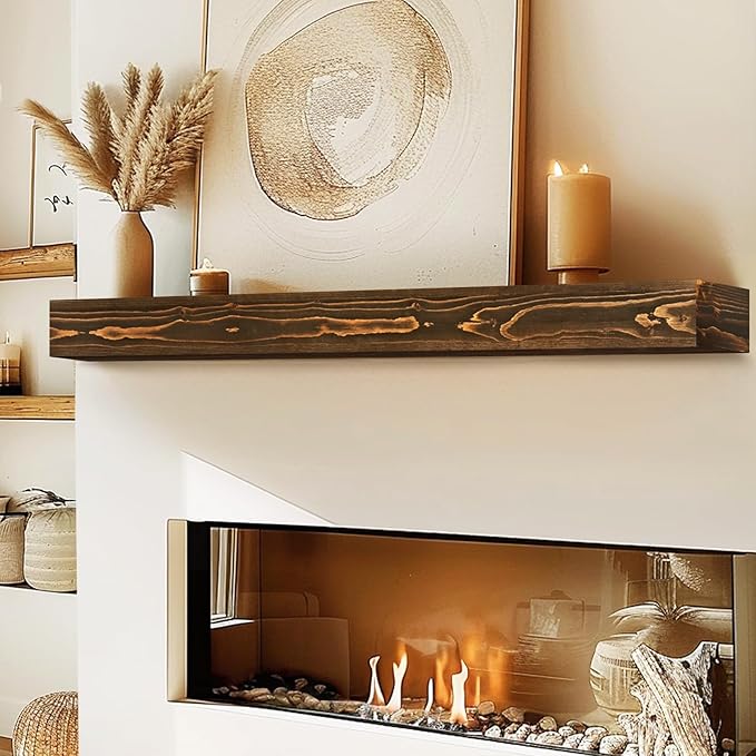56x8x3 Fireplace Mantel - Handcrafted Hollow Rustic Solid Wood Wall Mounted Floating Shelf with Invisible Heavy Duty Wood Bracket (Weathered Brown)