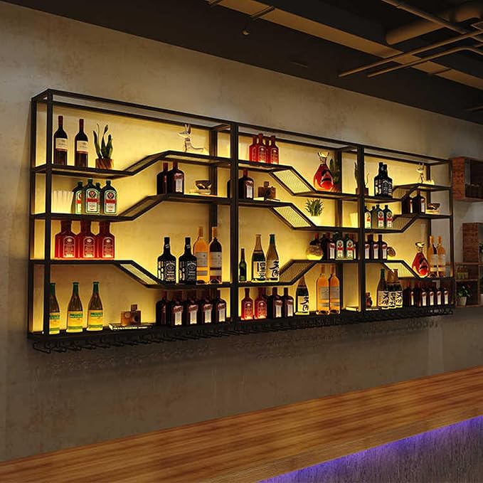 78.8in Wall Mounted Wine Rack with LED Light, 5-Tiers Liquor Bottles Display Shelf with Glasses Holder, Metal Home Bar Shelves with Industrial Iron Frame for Kitchen(Black, 78.8in/6.56ft)