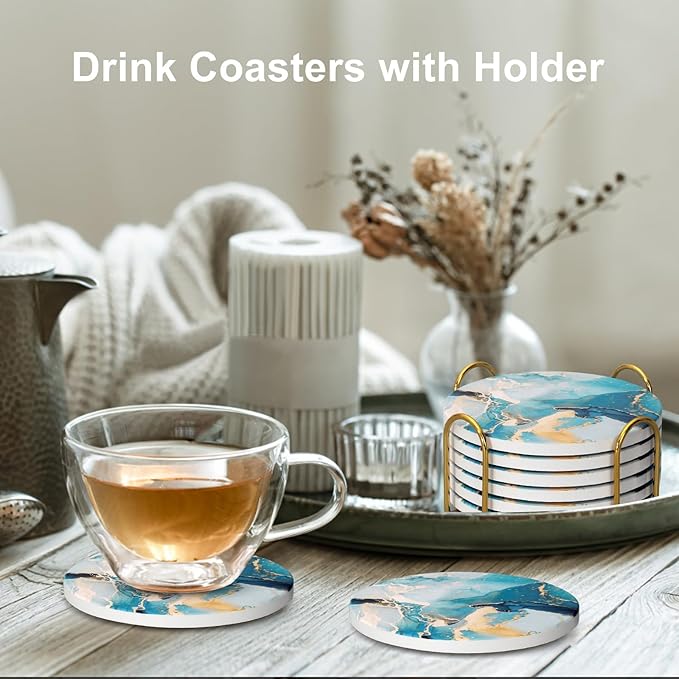 6 Pcs Light Blue Marble Abstract Ceramic Coasters with Holder Best Round Drink Absorbent Coasters for Desk, Lounge, Coffee, Wine, Beverage, Dining Table Decor, Bar Coaster Set
